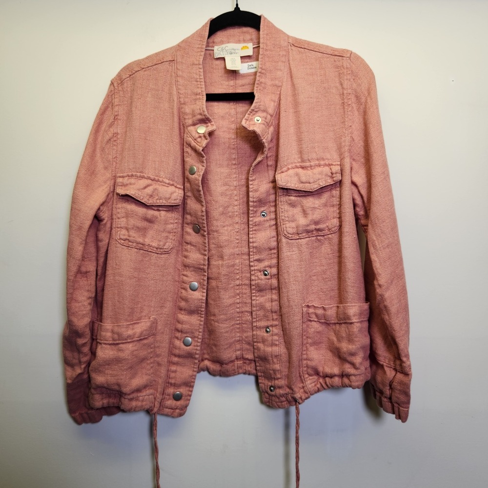 C&C California 100% Linen Utility Jacket Long Sleeves Roll Tab Med Cinch Waist